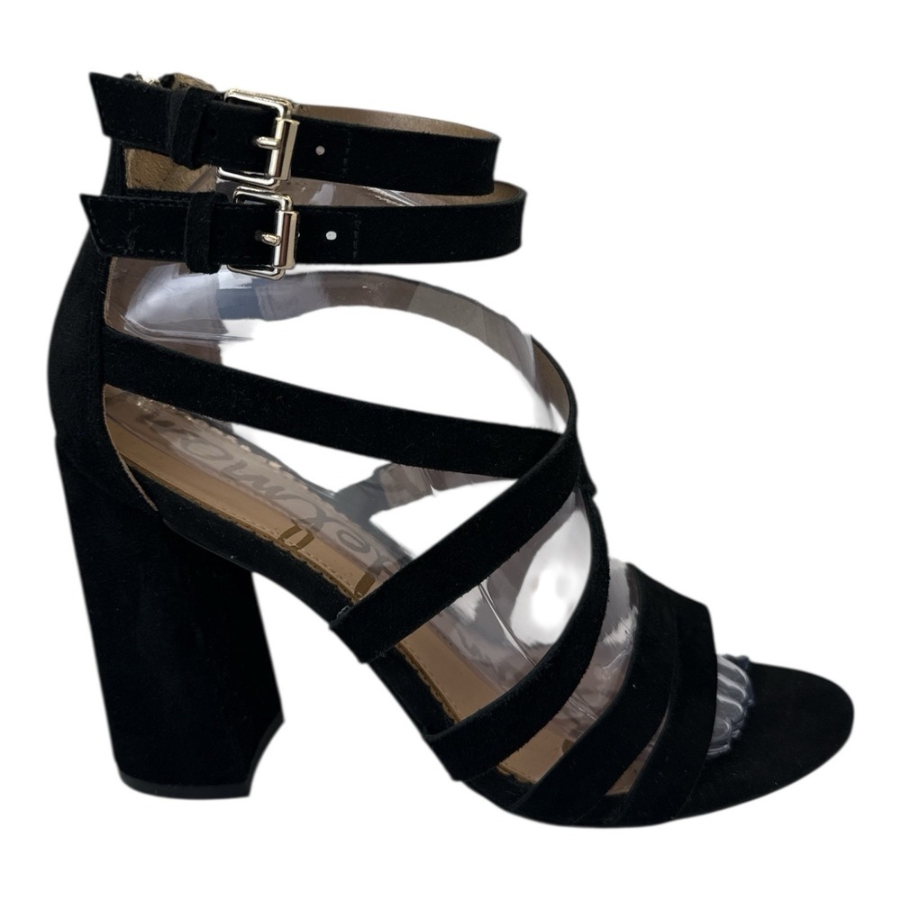 Sam Edelman Women's Black Suede‎ Yema Strappy Sandal Block Heels Size 7.5